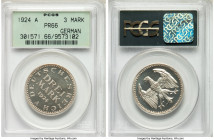 Weimar Republic Proof 3 Mark 1924-A PR66 PCGS, Berlin mint, KM43. Mirrored fields with frosted devices. 

HID09801242017

© 2020 Heritage Auctions...