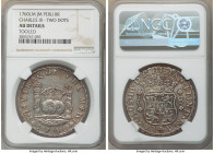 Charles III 8 Reales 1760 LM-JM AU Details (Tooled) NGC, Lima mint, KM-A64.1. Two dots variety (one above each L). First and most scarce year of type....