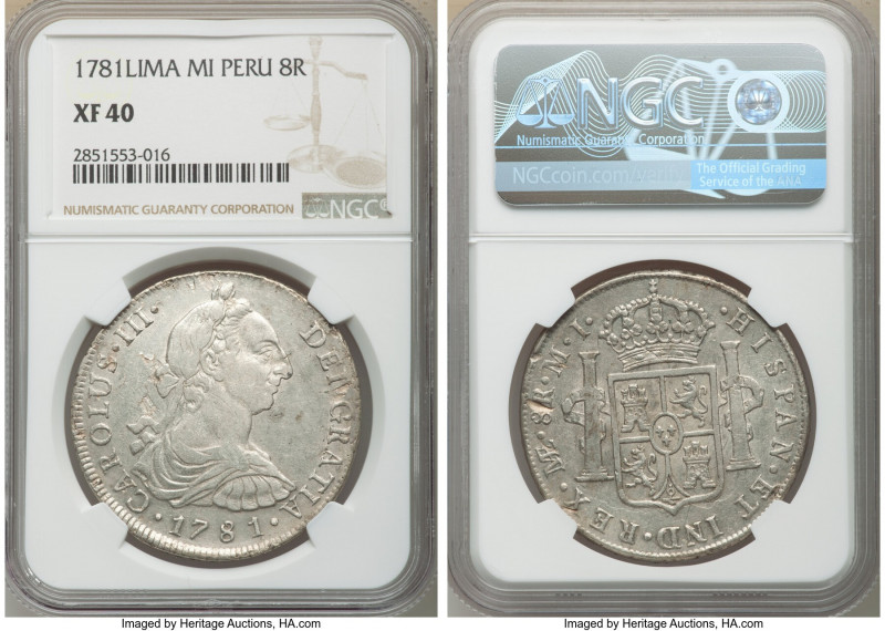 Charles III 8 Reales 1781 LM-MI XF40 NGC, Lima mint, KM78. Flan laminations or p...