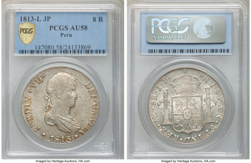 Ferdinand VII 8 Reales 1813 LM-JP AU58 PCGS, Lima mint, KM117.1. Pearl gray with...