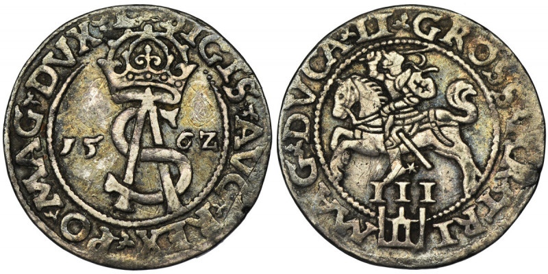 Sigismund II August, 3 Groschen Vilnius 1562 - L/LI Variety with endings of insc...