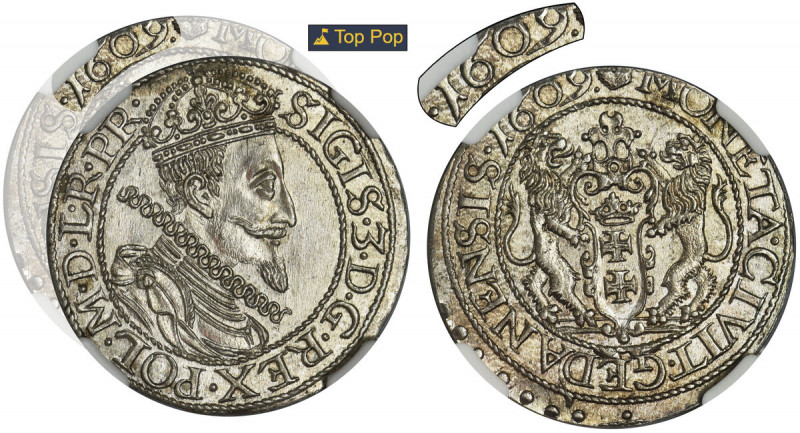 Sigismund III Vasa, 1/4 Thaler Danzig 1609 - NGC MS 64 - RARE Bardzo rzadki, pie...