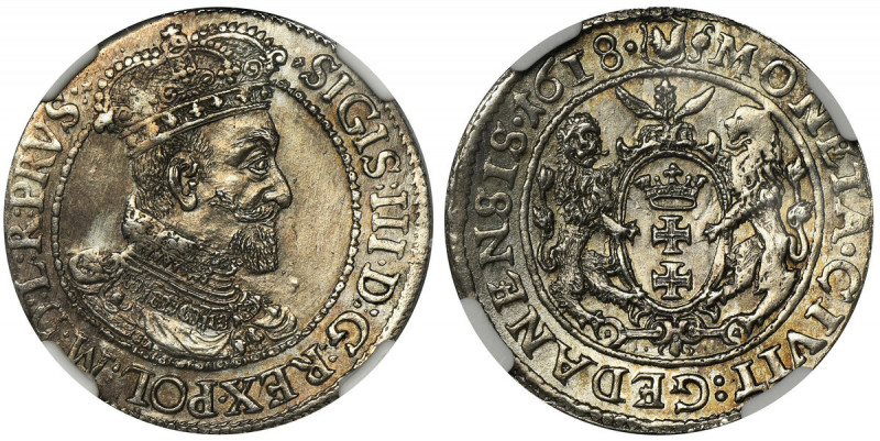 Sigismund III Vasa, 1/4 Thaler Danzig 1618 - NGC UNC DETAILS Odmiana z łapą nied...