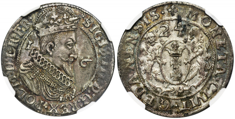 Sigismund III Vasa, 1/4 Thaler Danzig 1624/3 - PR• - NGC MS61 Odmiana z końcówką...