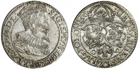 Sigismund III Vasa, 6 Groschen Marienburg 1696 Odmiana z małym popiersiem króla. Na rewersie znak pierścień dzierżawcy mennicy Kaspra Goebla oraz znak...