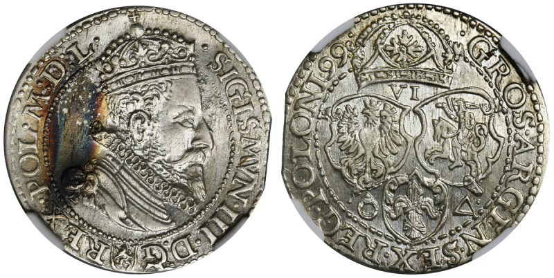 Sigismund III Vasa, 6 Groschen Marienburg 1599 - NGC MS63 Odmiana z małą głową k...