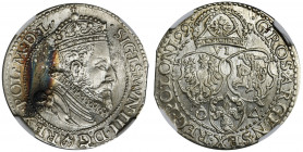 Sigismund III Vasa, 6 Groschen Marienburg 1599 - NGC MS63 Odmiana z małą głową króla. Na rewersie znak pierścień dzierżawcy mennicy Kaspra Goebla oraz...