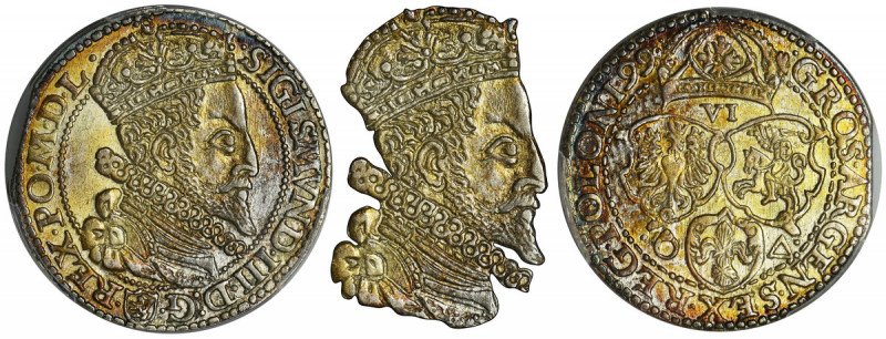 Sigismund III Vasa, 6 Groschen Merienburg 1599 - PCGS MS62 - big head Rzadsza od...