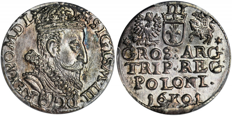 Sigismund III Vasa, 3 Groschen Krakau 1601 - PCGS MS63 Odmiana z głową króla w p...