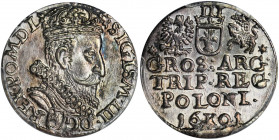 Sigismund III Vasa, 3 Groschen Krakau 1601 - PCGS MS63 Odmiana z głową króla w prawo, pod popiersiem herb lewart Jana Firleja.
 Wyśmienicie zachowana...