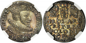 Sigismund III Vasa, 3 Groschen Marienburg 1592 - NGC MS63 Odmiana z herbem Snopek z bokami zawiniętymi w dół. Na rewersie skrócona data pomiędzy znak ...