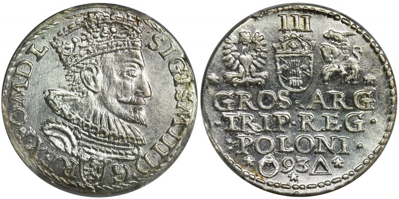Sigismund III Vasa, 3 Groschen Marienburg 1593 - PCGS MS62 Odmiana z popiersiem ...