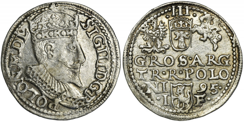 Sigismund III Vasa, 3 Groschen Olkusz 1595 Wariant z POLON M D L. Bardzo ładny, ...