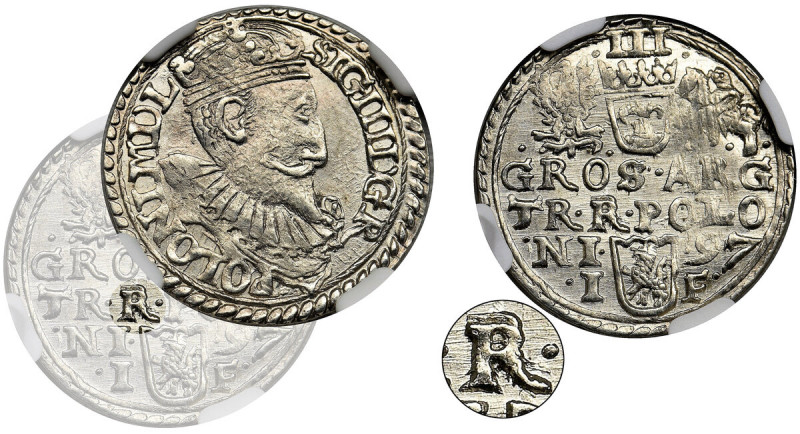 Sigismund III Vasa, 3 Groschen Olkusz 1597 - NGC MS62 Korona z wąskim rondem, wc...