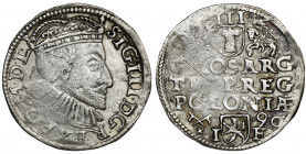 Sigismund III Vasa, 3 Groschen Posen 1590 Odmiana z płaską koroną z liliami, z inicjałami IF na rewersie, podskarbiego koronnego Jana Dulskiego. U doł...