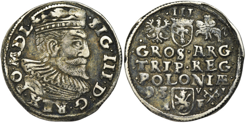Sigismund III Vasa, 3 Groschen Posen 1595 Odmiana ze średnią głową króla, płaska...