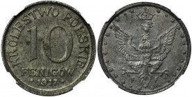 Polish Kingdom, 10 pfennig 1917 - NGC MS63 Odmiana z napisami otokowymi odsuniętymi od rantu monety. Mennicza moneta. Reference: Chałupski 1.3.1.c, Pa...