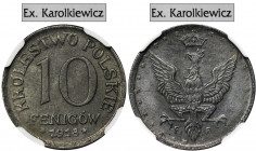 German Regency, 10 pfennig 1918 - NGC MS65 - Ex.Karolkiewicz Drugi, rzadszy rocznik 10-fenigówek Królestwa Polskiego. 
 Druga nota w rejestrze NGC, t...