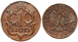 PRÓBA, 1 złoty 1929, brąz(?) - PCGS AU DETAILS - RZADKIE Bardzo rzadka emisja próbna złotówki z 1929 roku, bez napisu PRÓBA. Prawdopodobnie wybita w b...