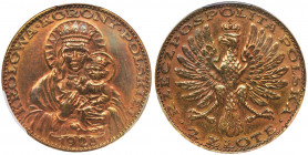 PRÓBA, 2 złote 1928 Matka Boska z Dzieciątkiem - PCGS UNC DETAILS Rzadka, próbna dwuzłotówka wybita w mosiądzu, w nieznanym nakładzie, na zlecenie sop...