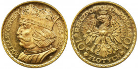 10 zloty 1925, Chrobry Odmiana z ciepłą barwą złota. Egzemplarz z efektem lustrzanki. Pięknie zachowane. Waga 3.3 g Reference: Parchimowicz 125
Grade...