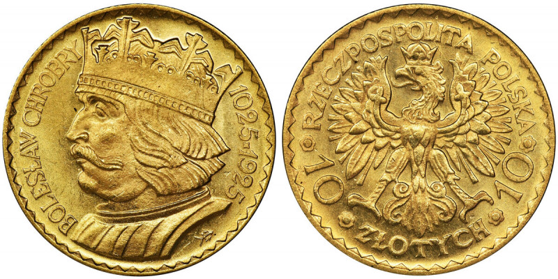 10 zloty 1925, Chrobry Odmiana z zimną barwą złota. Pięknie zachowane. Waga 3.3 ...