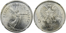 Nike, 5 zloty Warsaw 1928 - NGC MS61 Wyjątkowej świeżości egzemplarz. Piękny zegarowy połysk. Moneta o wyśmienitej prezencji. Na chmurach małe inicjał...