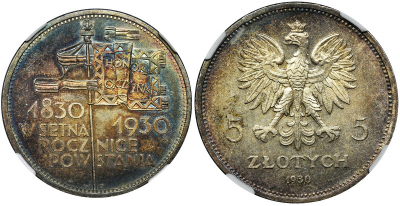 Revolution, 5 zlotych 1930 - NGC MS64 - low relief Przepiękny sztandar wybity pł...