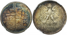 Revolution, 5 zlotych 1930 - NGC MS64 - low relief Przepiękny sztandar wybity płytkim stemplem, który zachwyci niejednego doświadczonego kolekcjonera ...