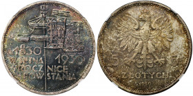 Revolution, 5 zlotych 1930 - NGC MS63, low relief Piękny egzemplarz w barwnej, nierównomiernej patynie. Moneta z obustronnym połyskiem.&nbsp; Wysoka n...