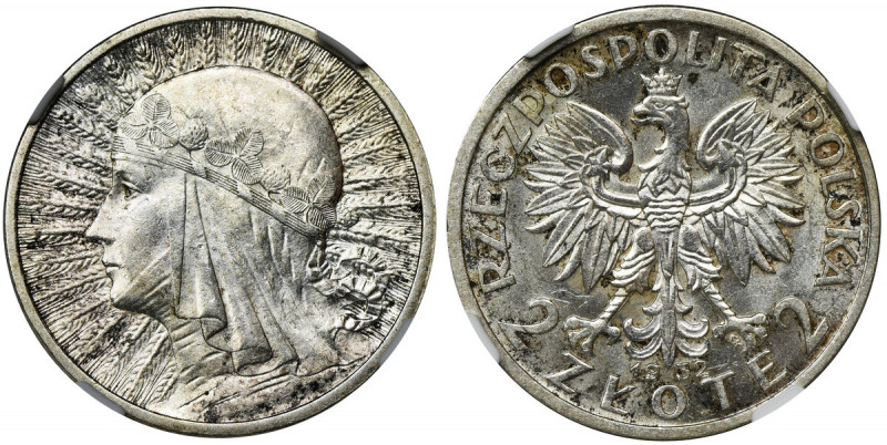 Głowa Kobiety, 2 złote 1932 - NGC MS62 Trudniejszy rocznik. Menniczy stan zachow...