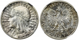 Głowa Kobiety, 2 złote 1932 - NGC MS62 Trudniejszy rocznik. Menniczy stan zachowania. Reference: Parchimowicz 110a
Grade: NGC MS62 

The Second Rep...