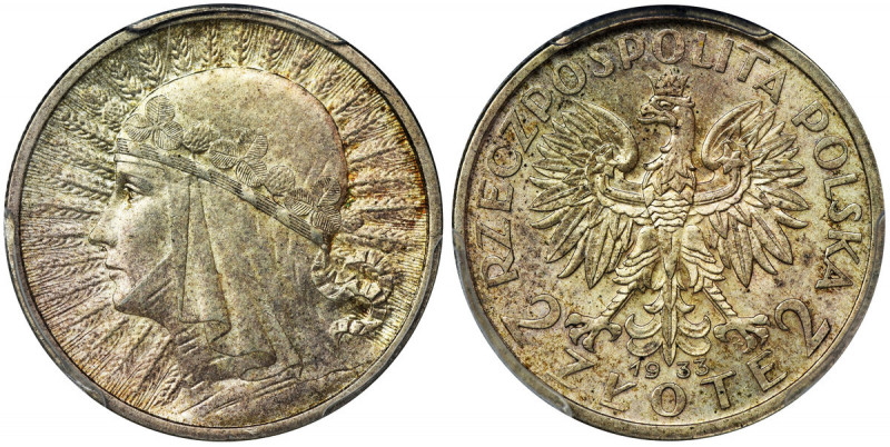 Głowa Kobiety, 2 złote 1933 - PCGS MS62 Menniczy egzemplarz w naturalnej patynie...