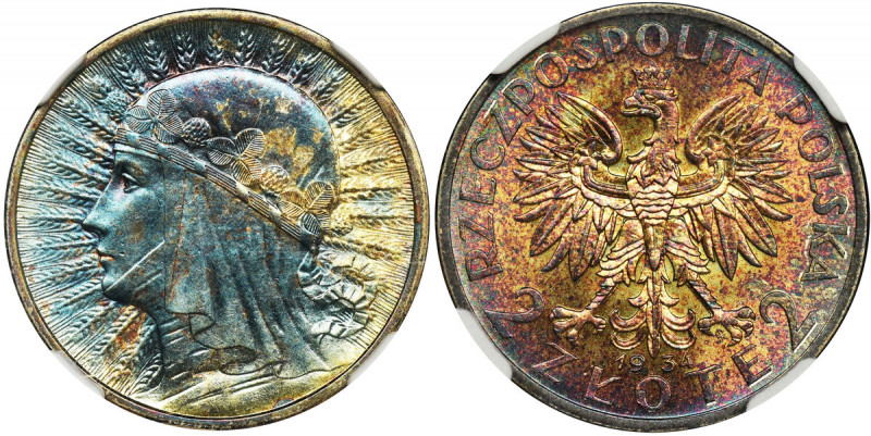 Quuen Jadwiga, 2 zloty 1934 - NGC MS64★ Doskonały egzemplarz w pięknej kolorowej...