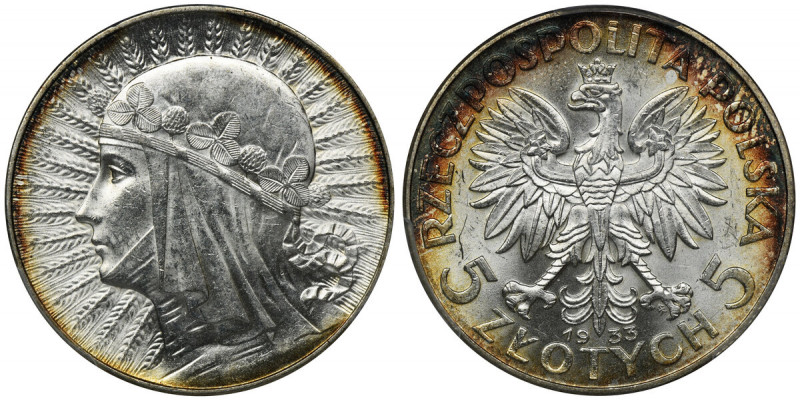 Głowa Kobiety, 5 złotych 1933 - PCGS MS62+ Menniczy egzemplarz o znakomitej prez...
