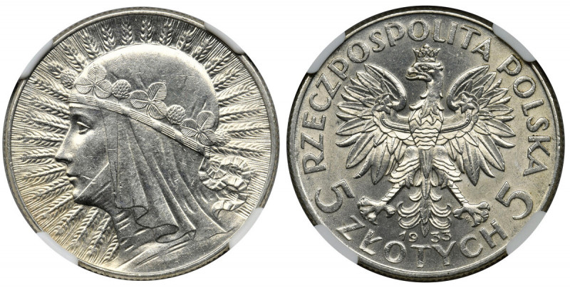 Głowa Kobiety, 5 złotych 1933 - NGC MS62 Menniczy egzemplarz z przyjemnym zegaro...
