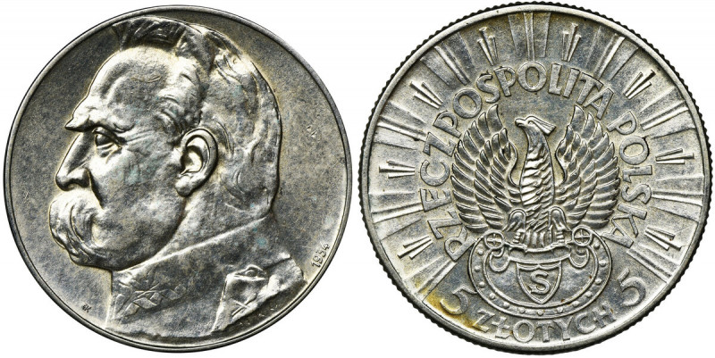 Piłsudski Strzelecki, 5 złotych 1934 Moneta wybita w 20 rocznicę wymarszu legion...