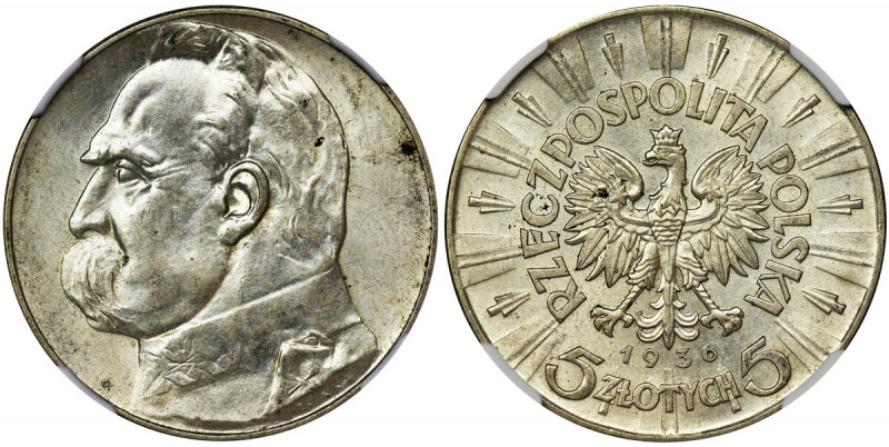 Piłsudski, 5 złotych 1936 - NGC MS63 Piękna sztuka w ładnej, równomiernej patyni...