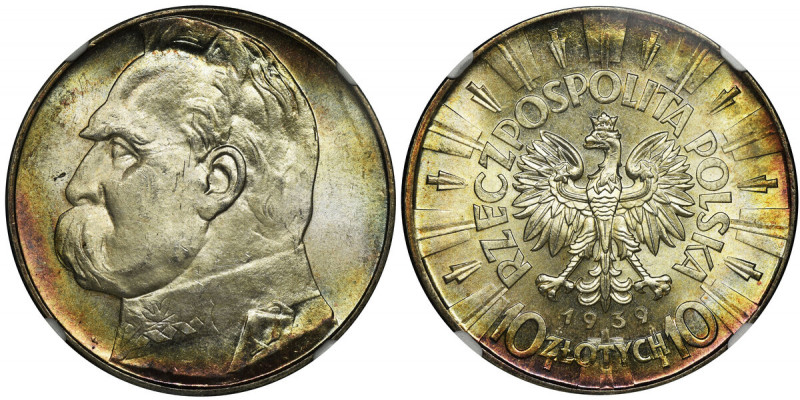 Pilsudski, 10 złotych 1939 - NGC MS64 Menniczy egzemplarz w starej patynie. Wyją...