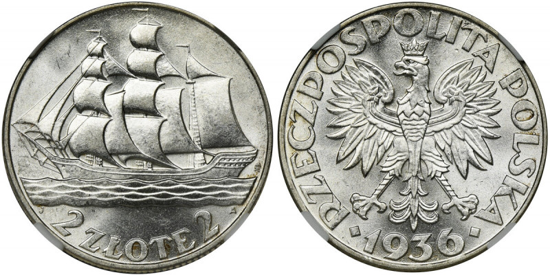 Żaglowiec, 2 złote 1936 - NGC MS63 Menniczy stan zachowania. Głęboki zegarowy po...