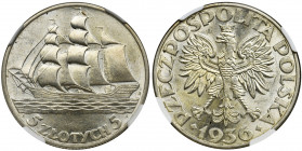 Żaglowiec, 5 złotych 1936 - NGC MS62 Menniczy egzemplarz. Głęboki, zegarowy połysk.&nbsp; Piękna moneta. Reference: Parchimowicz 119
Grade: NGC MS62 ...