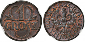 1 grosz 1925 - NGC MS65 BN Menniczy egzemplarz. Kolor brązowy z elementami czerwieni. Reference: Parchimowicz 102b
Grade: NGC MS65BN 

PolandThe Se...