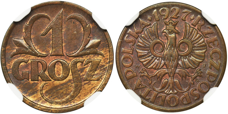 1 grosz 1927 - NGC MS65 BN Rzadszy rocznik.
 Menniczy egzemplarz z intensywnym ...