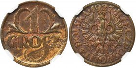 1 grosz 1927 - NGC MS65 BN Rzadszy rocznik.
 Menniczy egzemplarz z intensywnym połyskiem. Kolor brązowy. 
 
Reference: Parchimowicz 101c
Grade: NG...