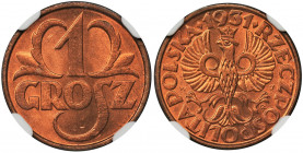 1 grosz 1931 - NGC MS67 RD Znakomity, menniczy egzemplarz. Najbardziej poszukiwany kolor czerwony.
 Najwyższa nota w rejestrze NGC.&nbsp; W tym stani...