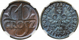 1 grosz 1933 - NGC MS66 BN Menniczy egzemplarz z intensywnym połyskiem. Kolor brązowy. Druga najwyższa nota w rejestrze NGC, tylko trzy sztuki ocenion...
