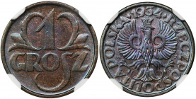 1 grosz 1934 - NGC MS66 BN Rzadki rocznik. Mennicza sztuka z mocnym połyskiem. Kolor brązowy. Druga najwyższa nota w rejestrze NGC, tylko dwie sztuki ...