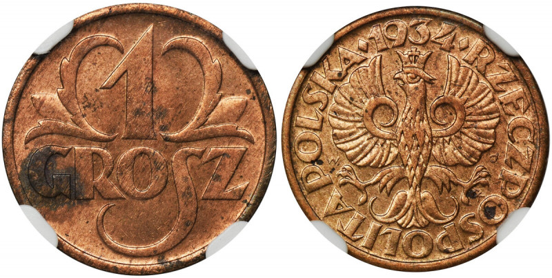 1 grosz 1934 - NGC MS63 RD - RZADKI Rzadki rocznik w bardzo rzadkim dla tego roc...
