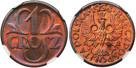 1 grosz 1938 - NGC MS67 RB Menniczy, perfekcyjny egzemplarz. Kolor czerwono-brązowy.&nbsp; Wyśmienita prezencja.&nbsp; Najwyższa nota w rejestrze NGC....