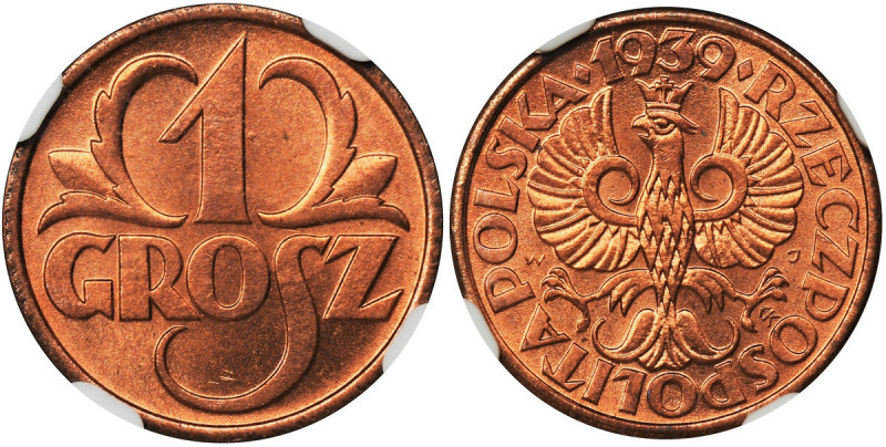 1 grosz 1939 - NGC MS67 RD Menniczy stan zachowania. Kolor czerwony. Najwyższa o...
